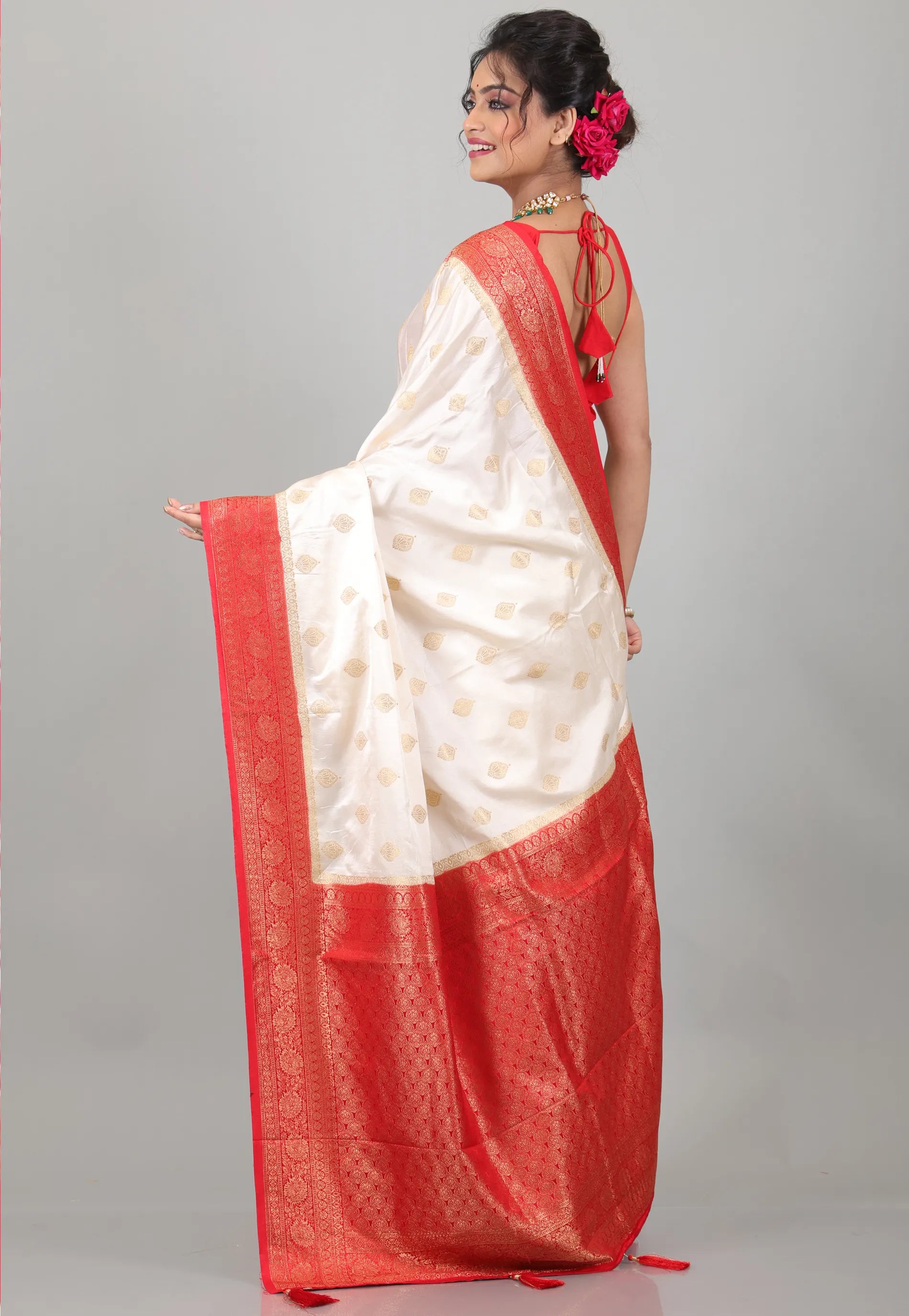 Off White with Red Mashru Silk Saree with Blouse Piece - Adi Akshoy & Co.