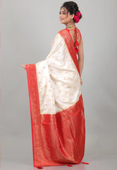 Off White with Red Mashru Silk Saree with Blouse Piece - Adi Akshoy & Co.