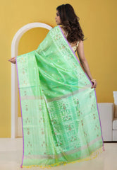 Light Mint Green Dhakai Jamdani Pure Tussar Silk Saree with Blouse Piece
