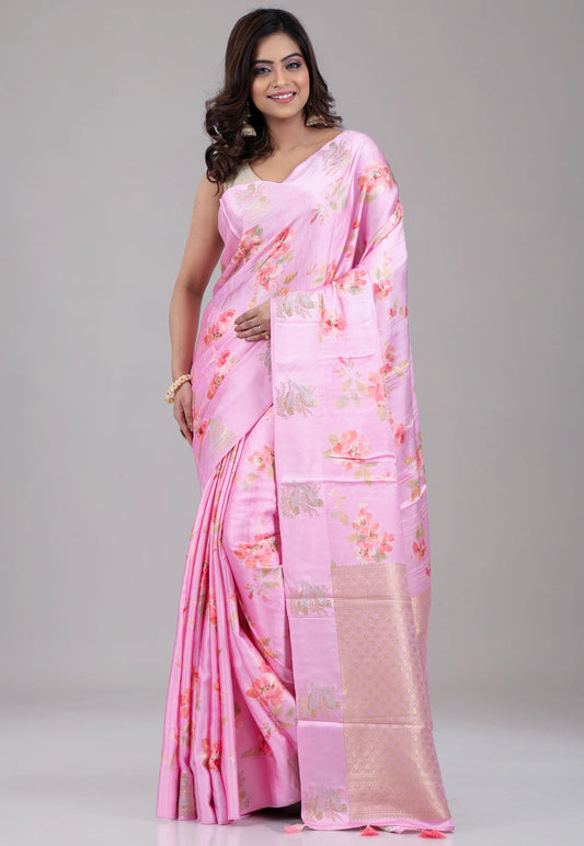 Floral Pink Mashru Silk Saree with Blouse Piece