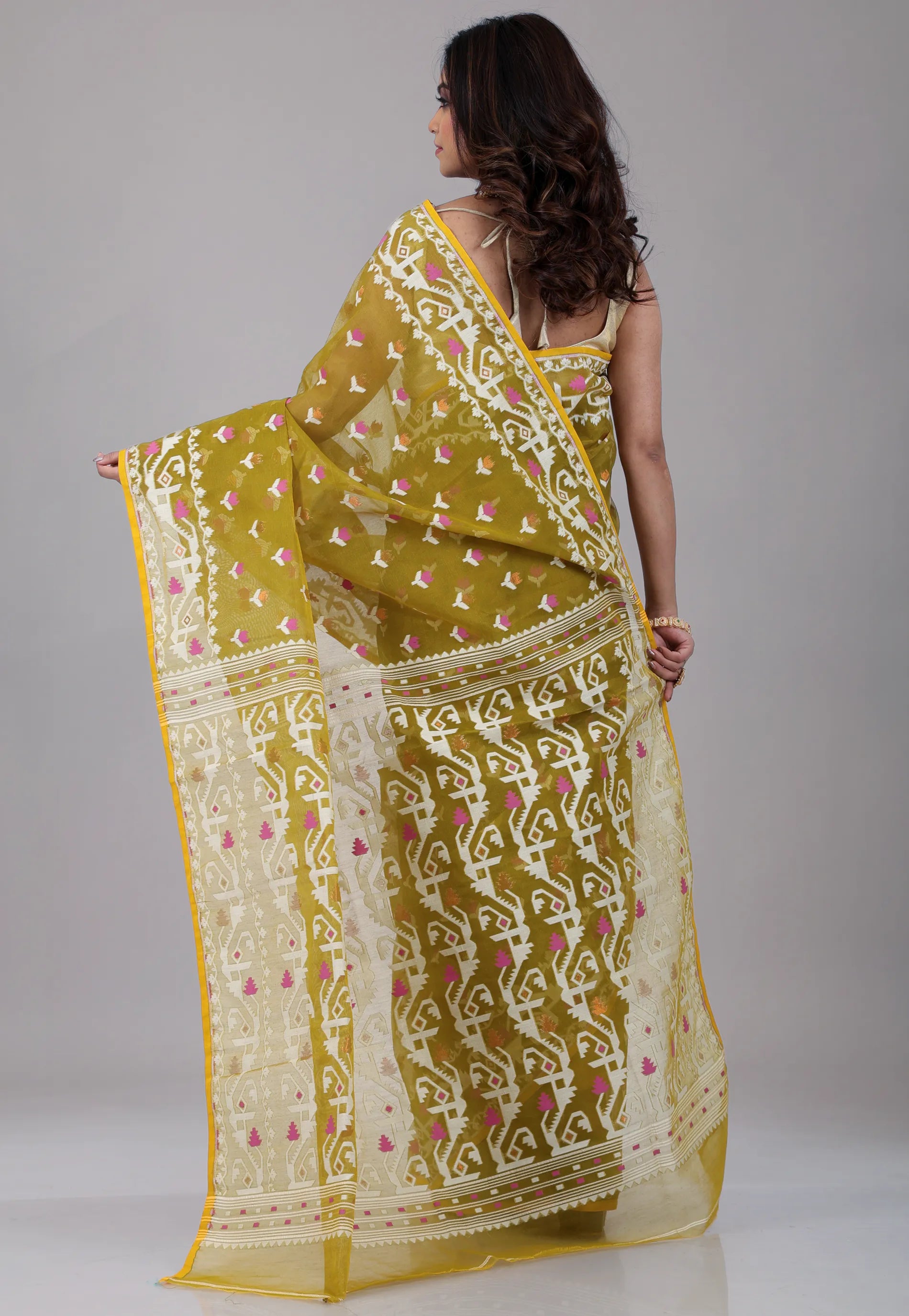 Olive Green Dhakai Jamdani Cotton Saree without Blouse Piece