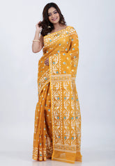 Mustard Yellow Dhakai Jamdani Cotton Saree without Blouse Piece