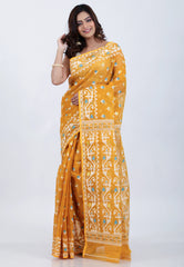 Mustard Yellow Dhakai Jamdani Cotton Saree without Blouse Piece