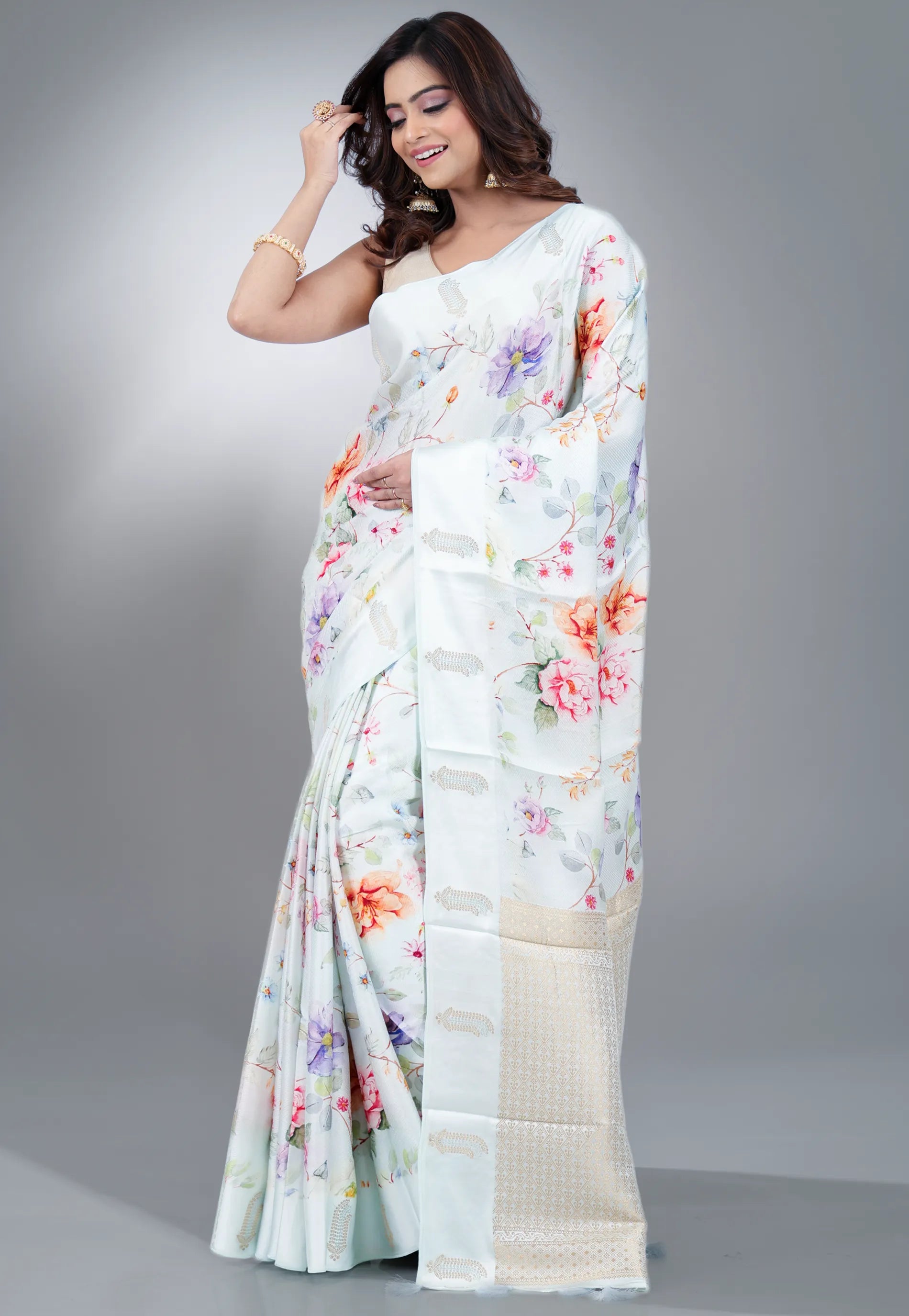 Light Sky Blue Digital Print Mashru Silk Saree with Blouse Piece