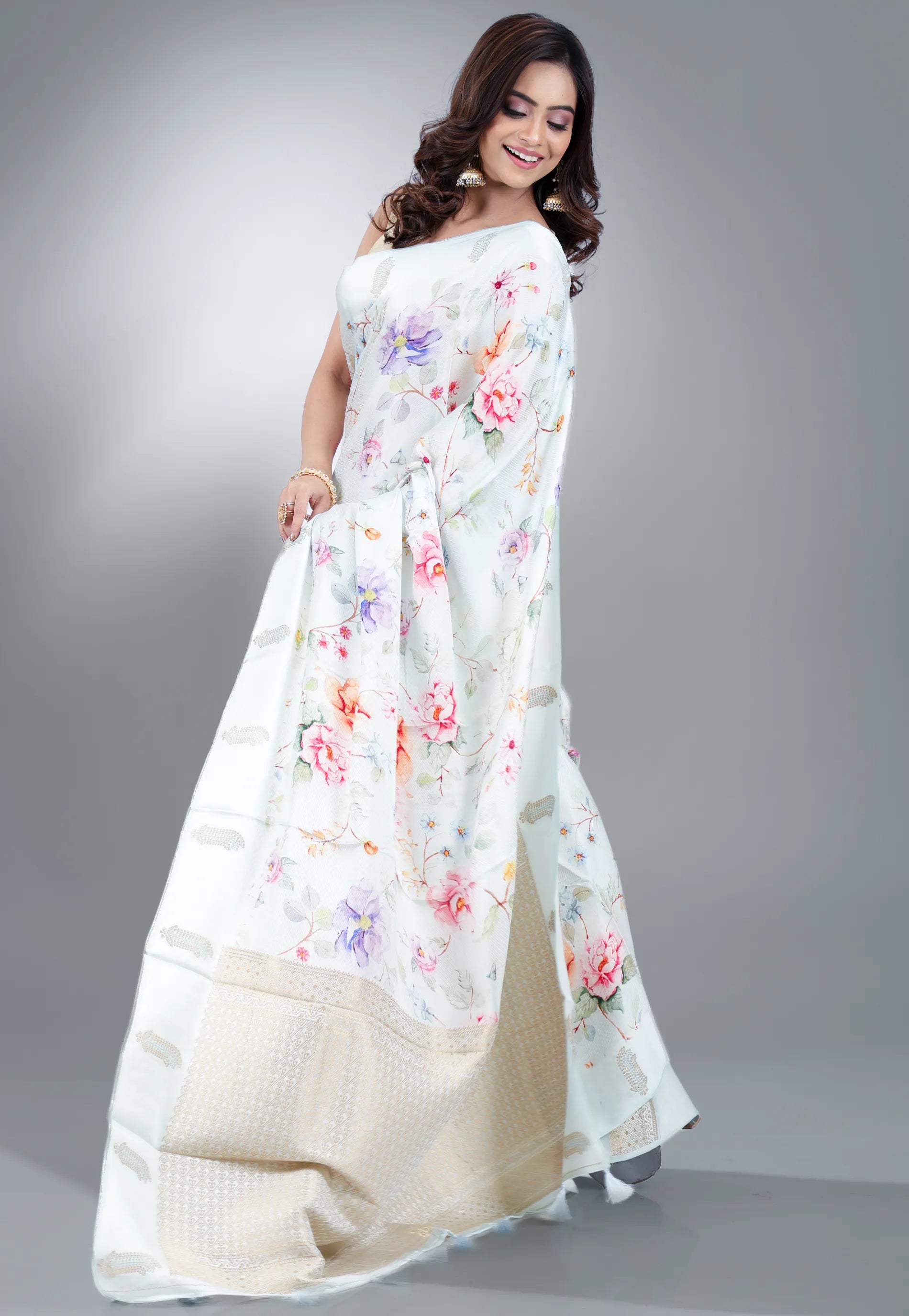 Light Sky Blue Digital Print Mashru Silk Saree with Blouse Piece