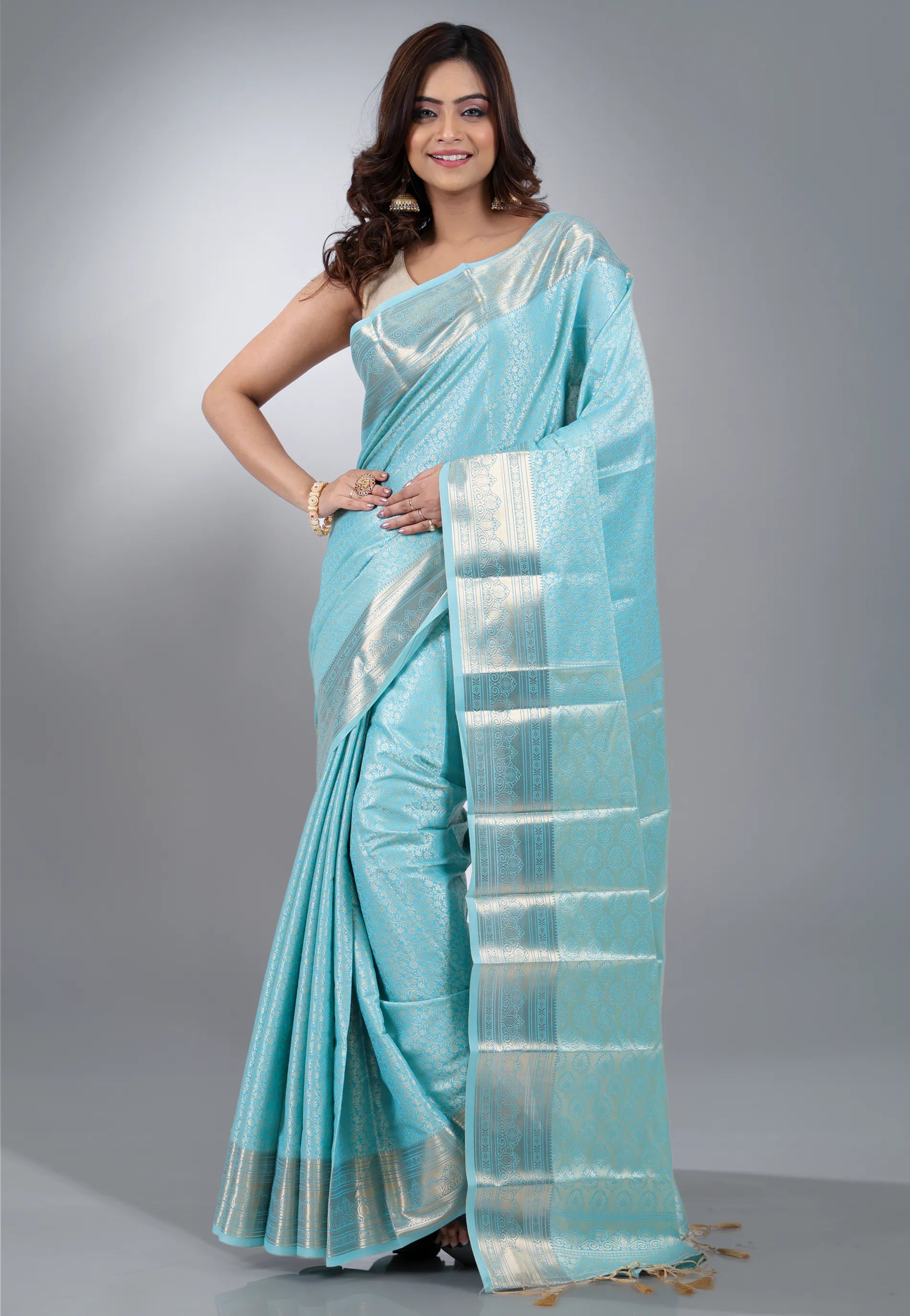 Sky Blue Brocade Kanjivaram with Silver Zari work with Blouse Piece