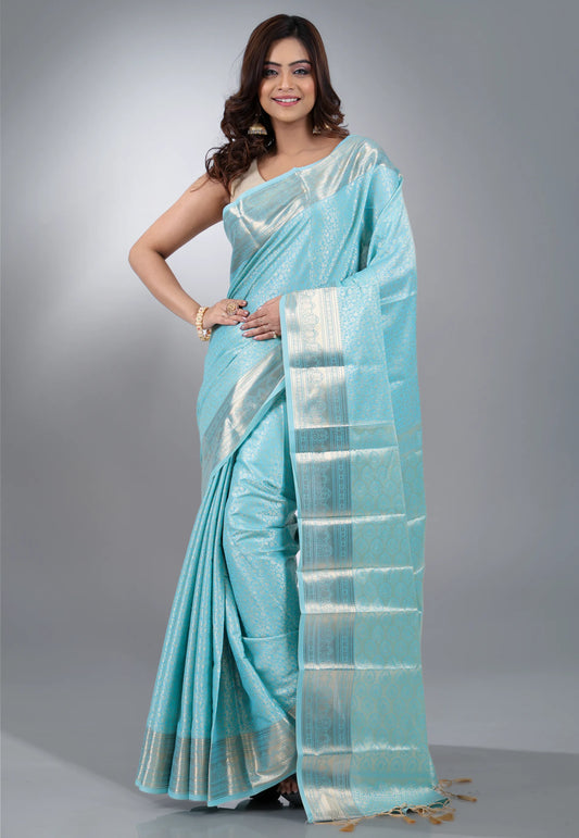 Sky Blue Brocade Kanjivaram with Silver Zari work with Blouse Piece