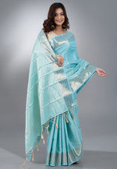 Sky Blue Brocade Kanjivaram with Silver Zari work with Blouse Piece