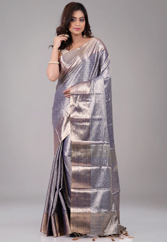 Navy Blue Brocade Kanjivaram with Golden Zari work with Blouse Piece