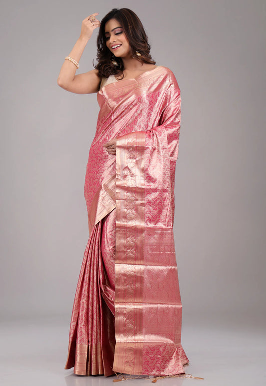Rani Pink with Golden Zari work Kanjivaram with Blouse Piece
