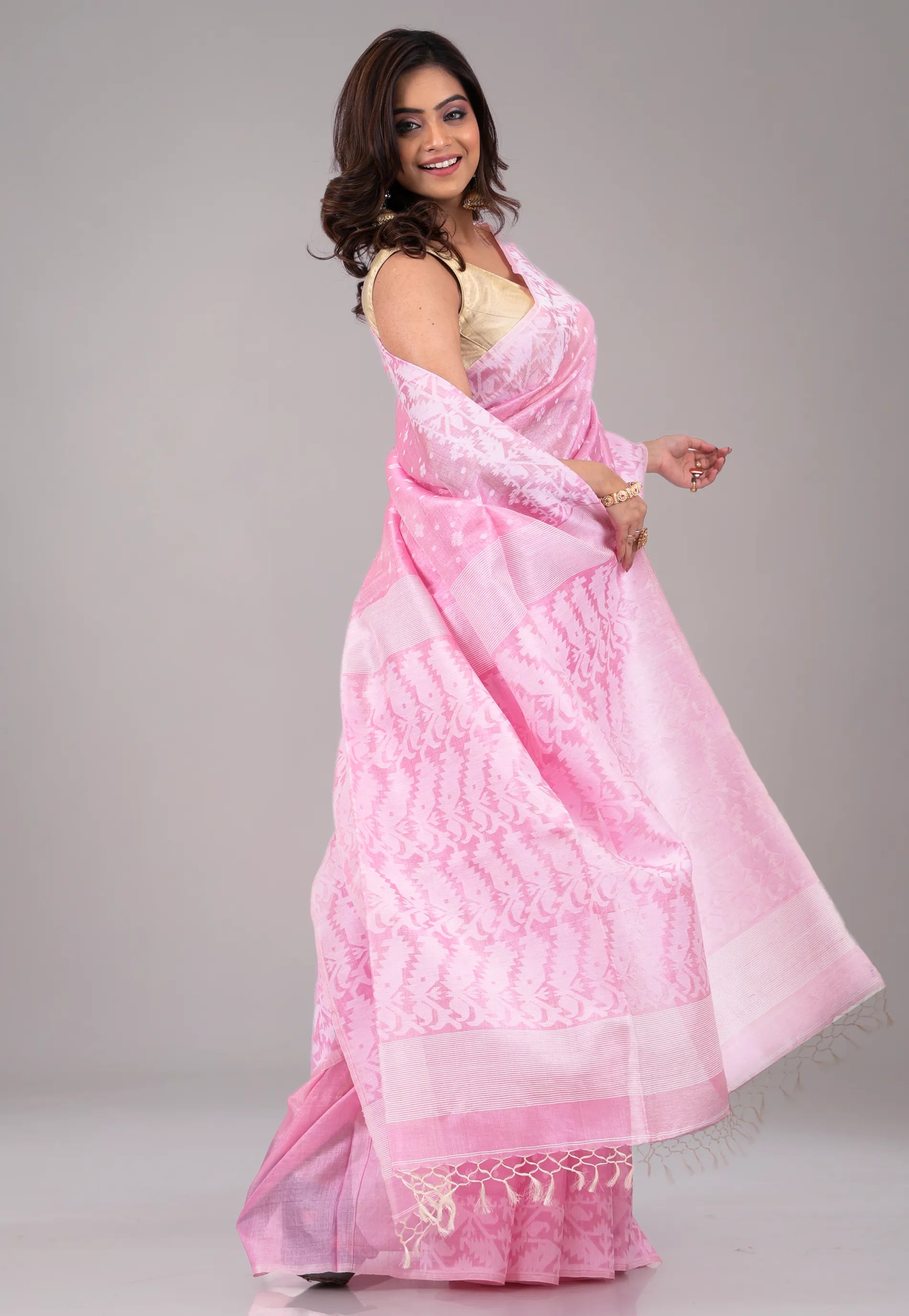 Pink Dhakai Jamdani Pure Tussar Silk Saree with Blouse Piece