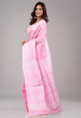 Pink Dhakai Jamdani Pure Tussar Silk Saree with Blouse Piece