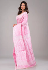 Pink Dhakai Jamdani Pure Tussar Silk Saree with Blouse Piece