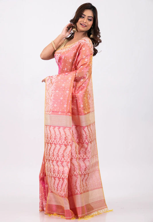 Rust Colour Dhakai Jamdani Pure Tussar Silk Saree with Blouse Piece