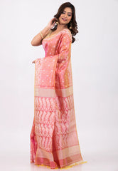 Rust Colour Dhakai Jamdani Pure Tussar Silk Saree with Blouse Piece