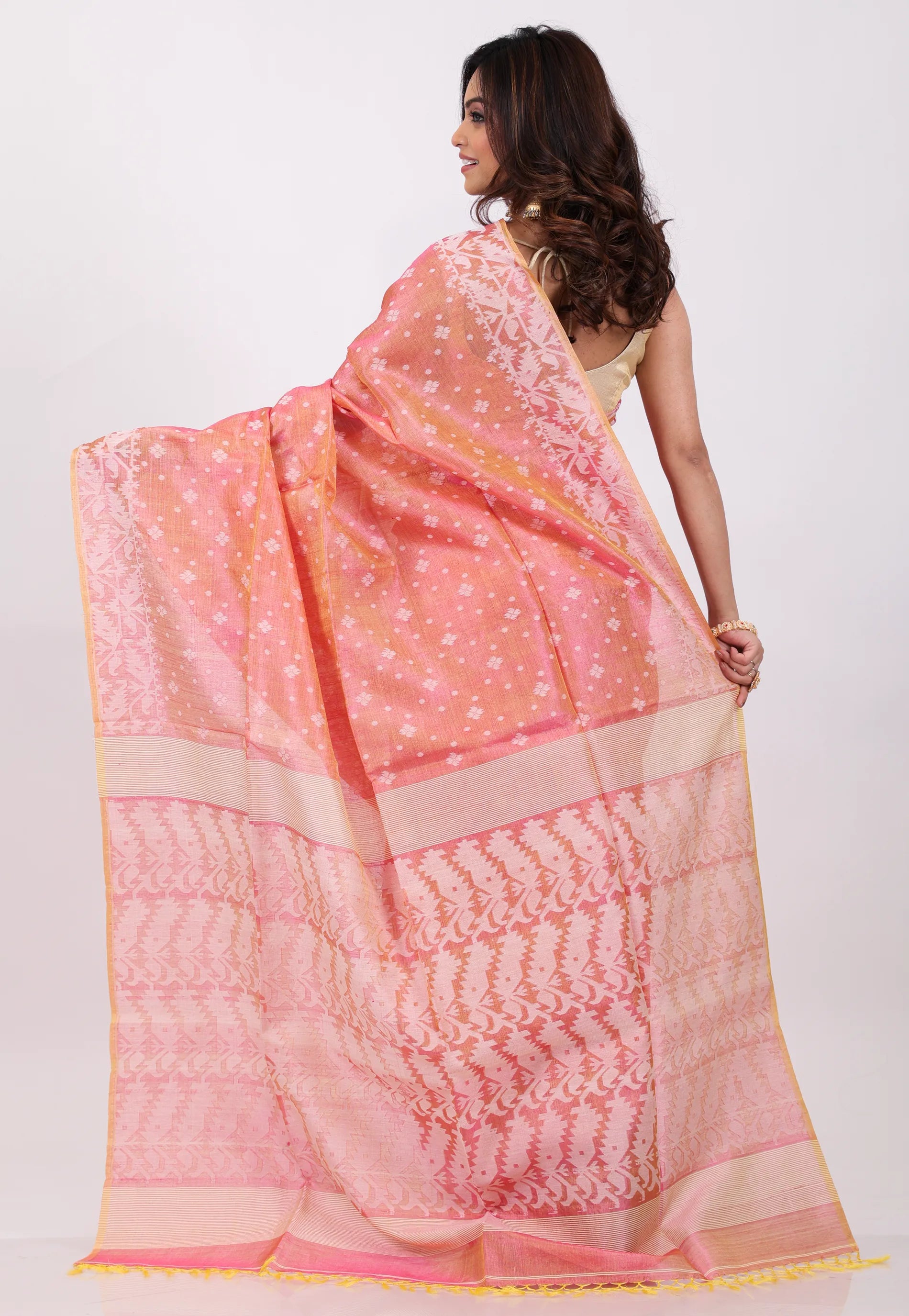 Rust Colour Dhakai Jamdani Pure Tussar Silk Saree with Blouse Piece