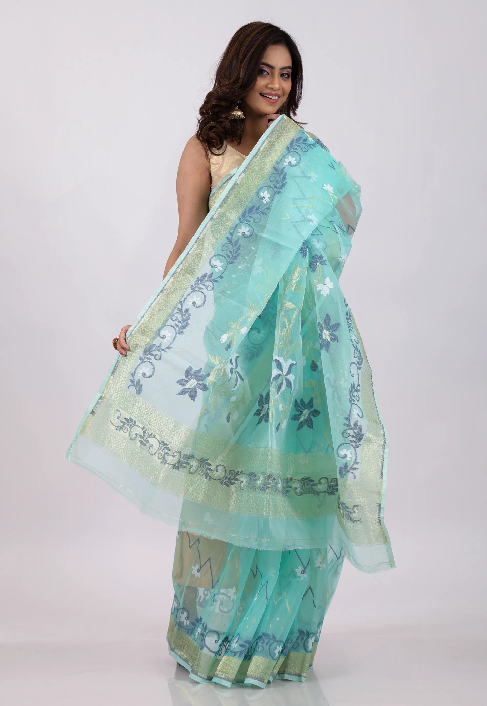Sky Blue with Golden Zari work Border Dhakai Jamdani Cotton Saree without Blouse Piece - Adi Akshoy & Co.