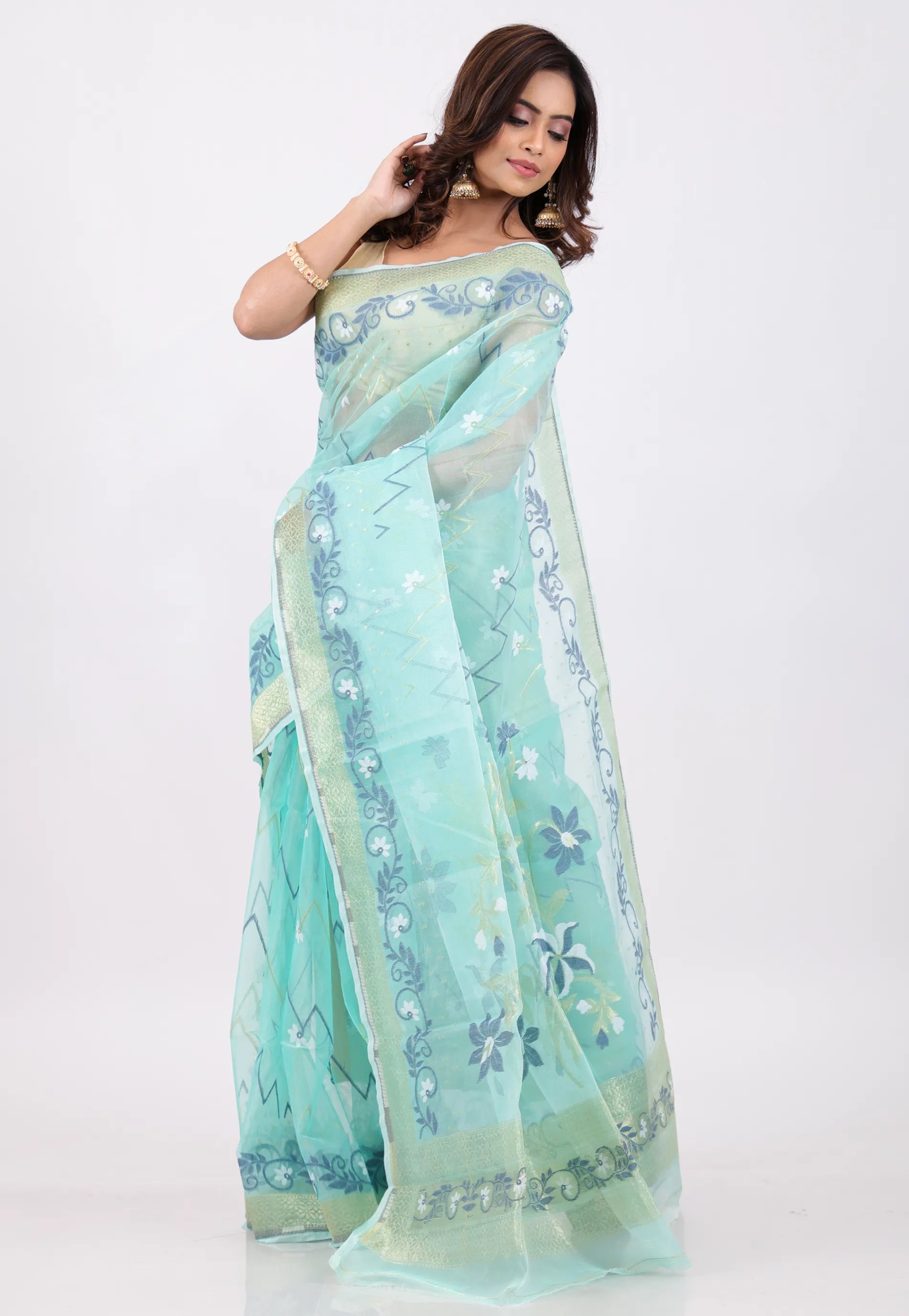 Sky Blue with Golden Zari work Border Dhakai Jamdani Cotton Saree without Blouse Piece - Adi Akshoy & Co.