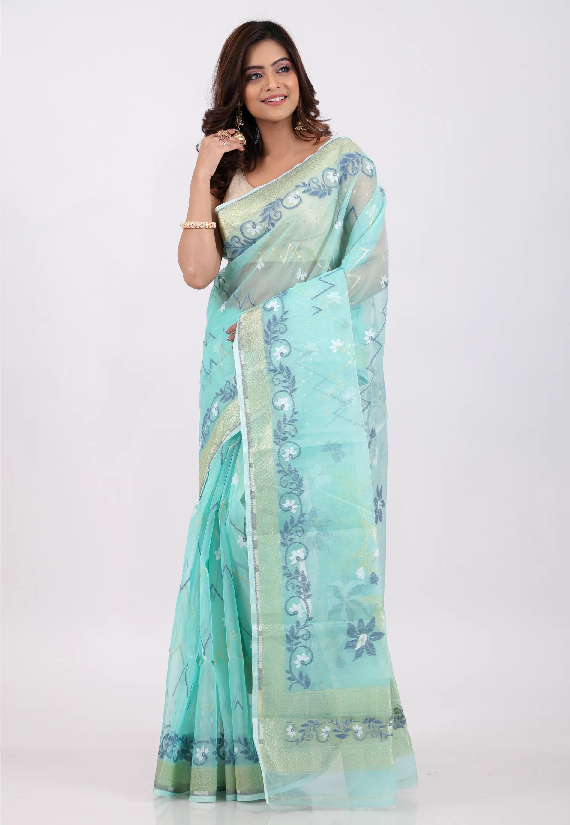 Sky Blue with Golden Zari work Border Dhakai Jamdani Cotton Saree without Blouse Piece - Adi Akshoy & Co.