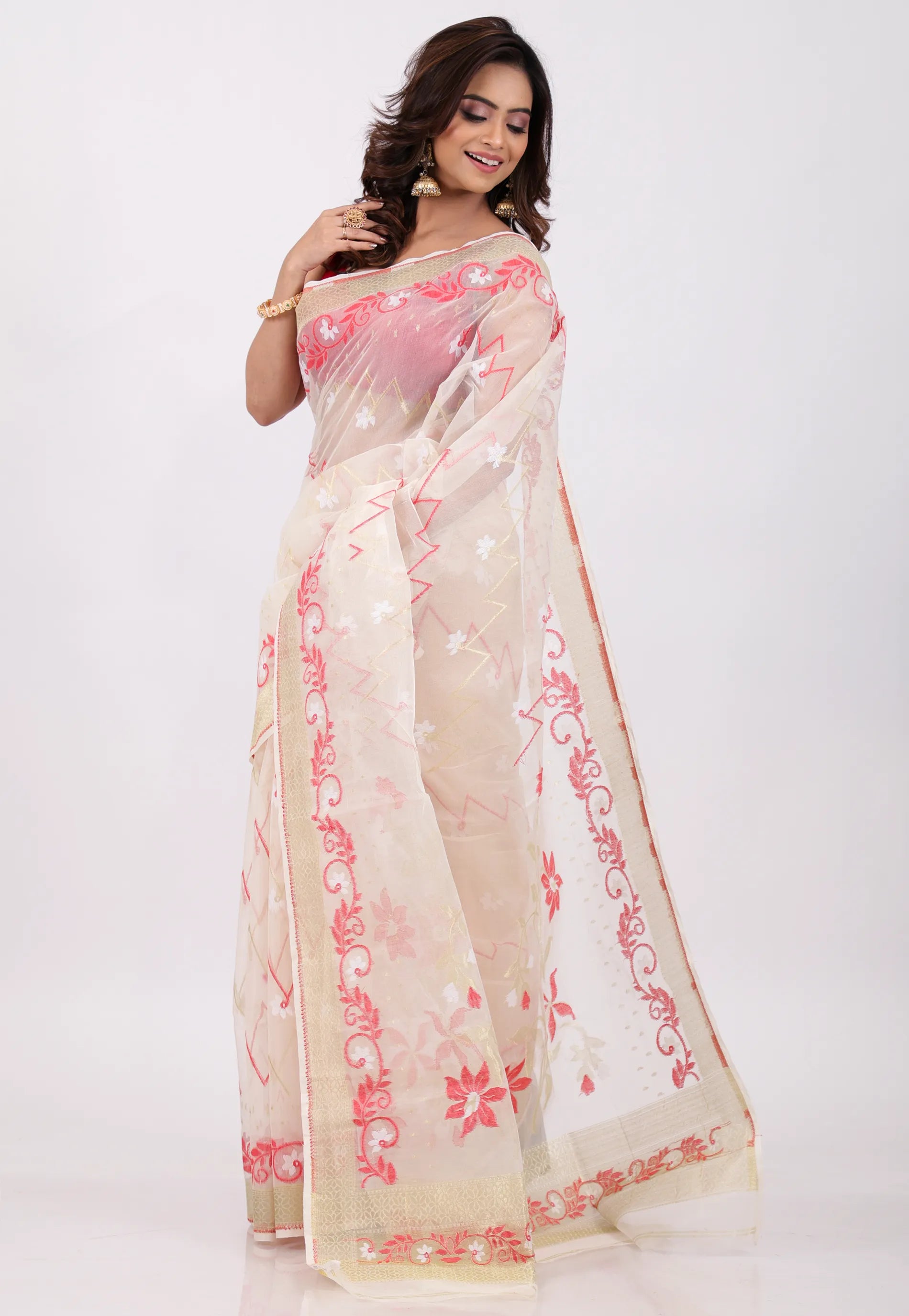 Beige with Golden Zari work Border Dhakai Jamdani Cotton Saree without Blouse Piece