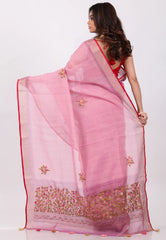Onion Pink Kantha Silk Saree With Blouse Piece - Adi Akshoy & Co.