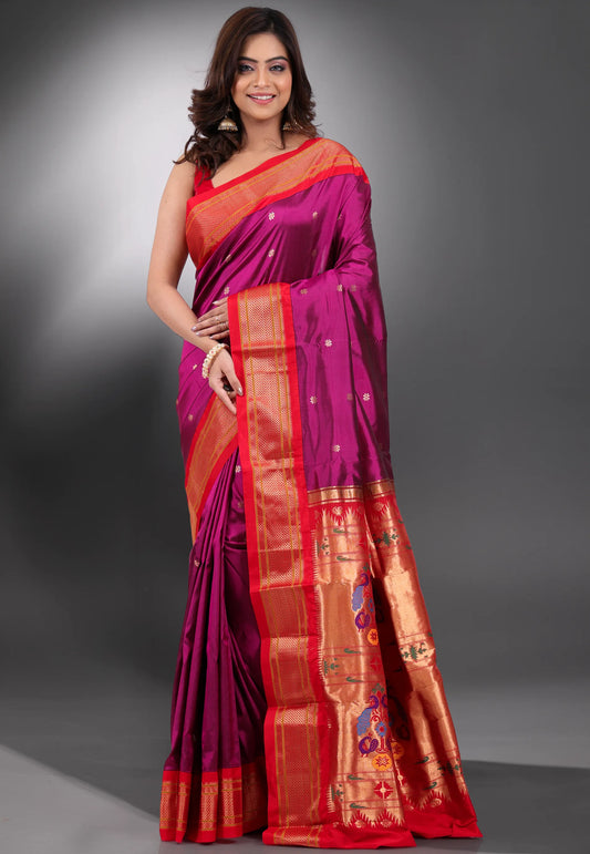 Magenta with Red Zari Border Pure Paithani Silk Saree With Blouse Piece - Adi Akshoy & Co.