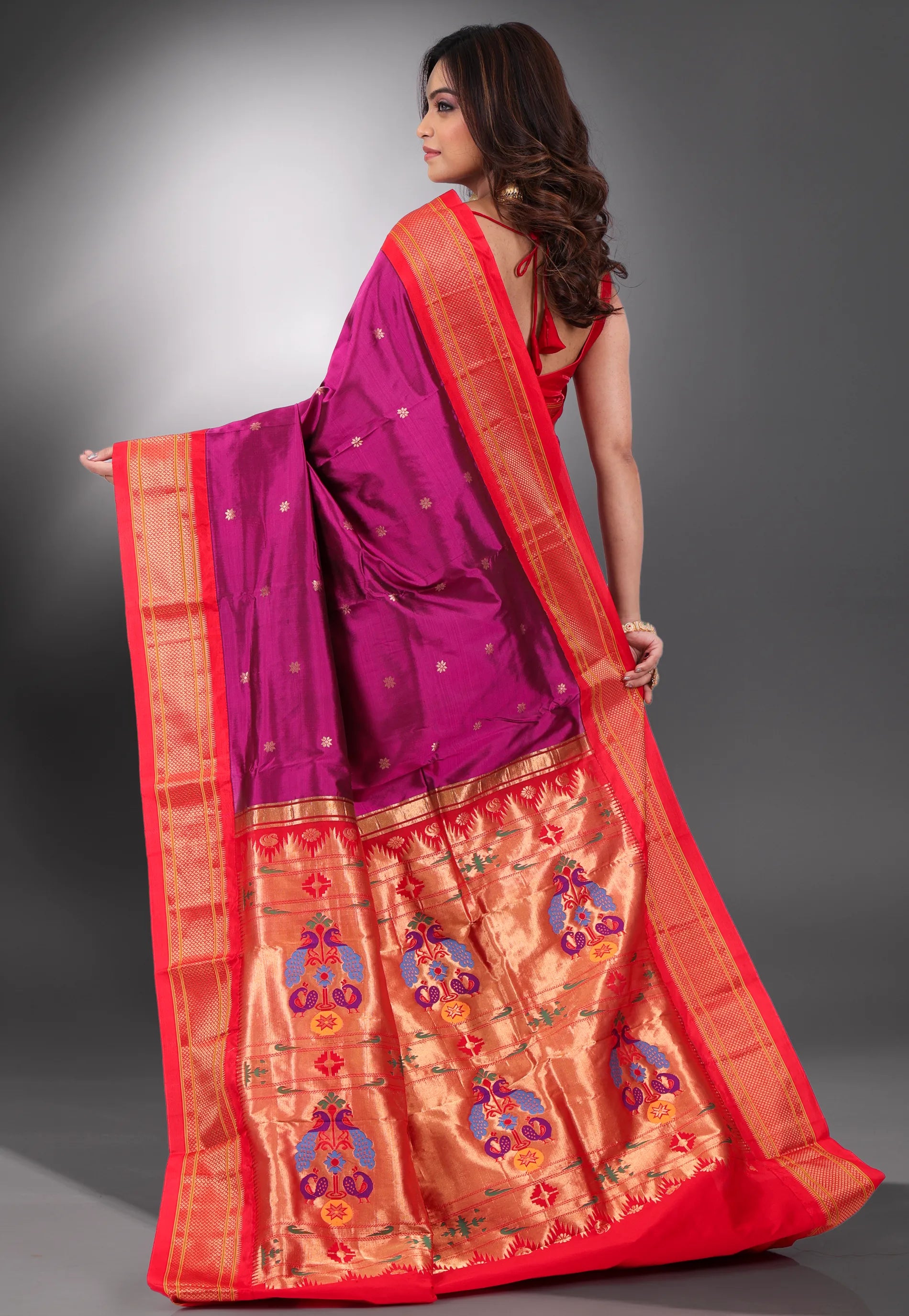 Magenta with Red Zari Border Pure Paithani Silk Saree With Blouse Piece - Adi Akshoy & Co.
