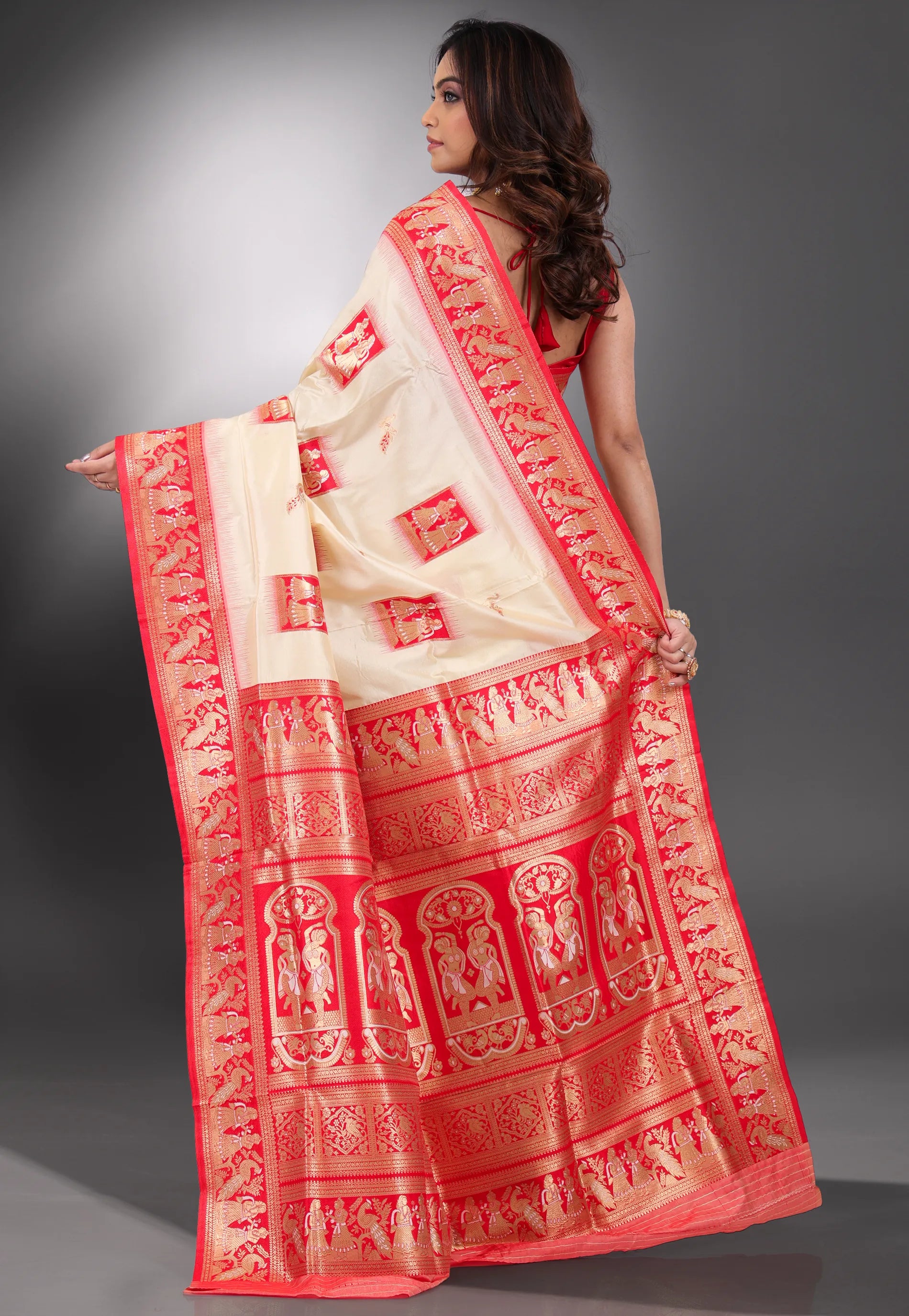 Beige with Red Border Baluchari Silk Saree with Blouse Piece - Adi Akshoy & Co.