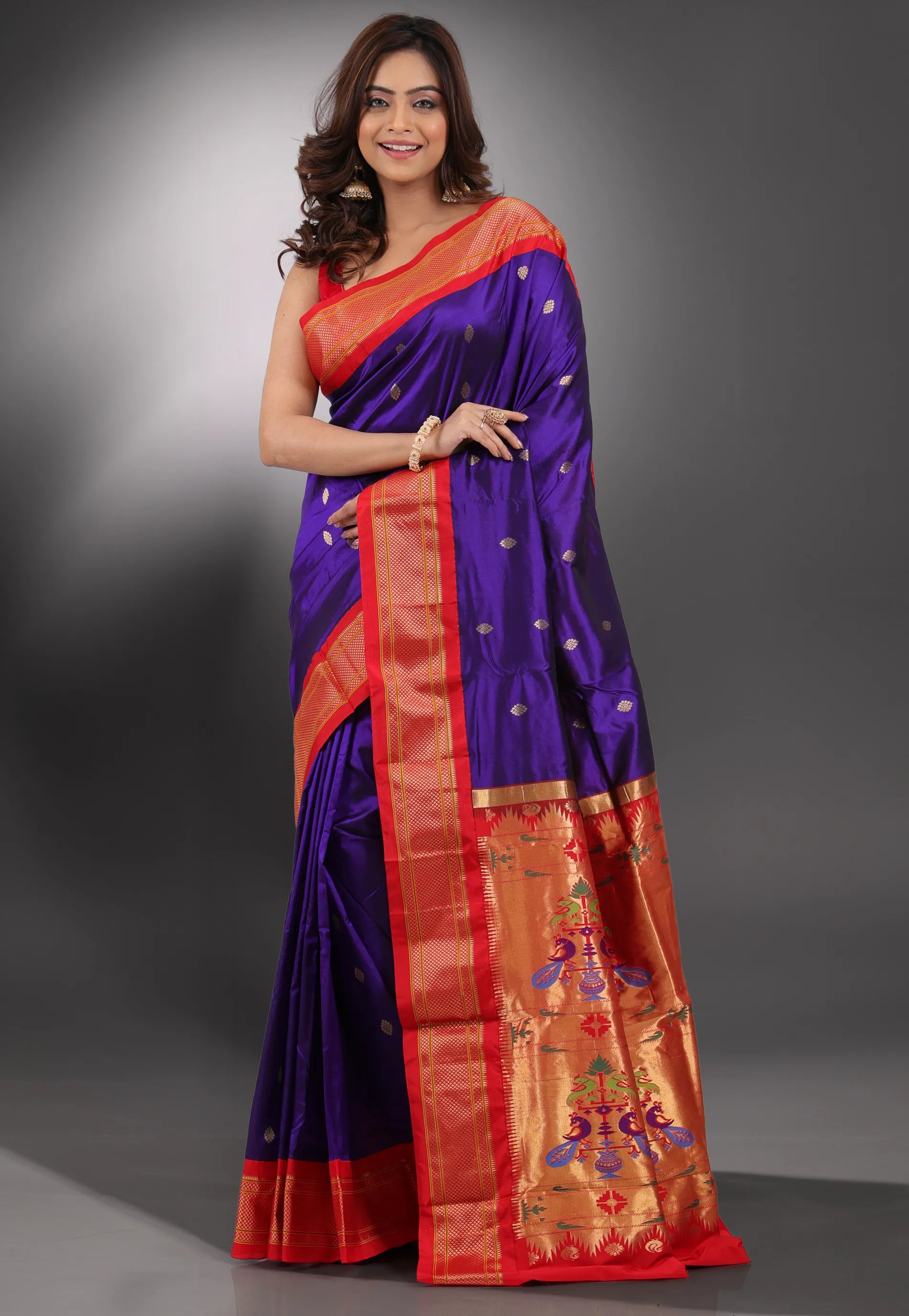 Blue with Red Border Paithani Pure Silk Saree With Blouse Piece - Adi Akshoy & Co.
