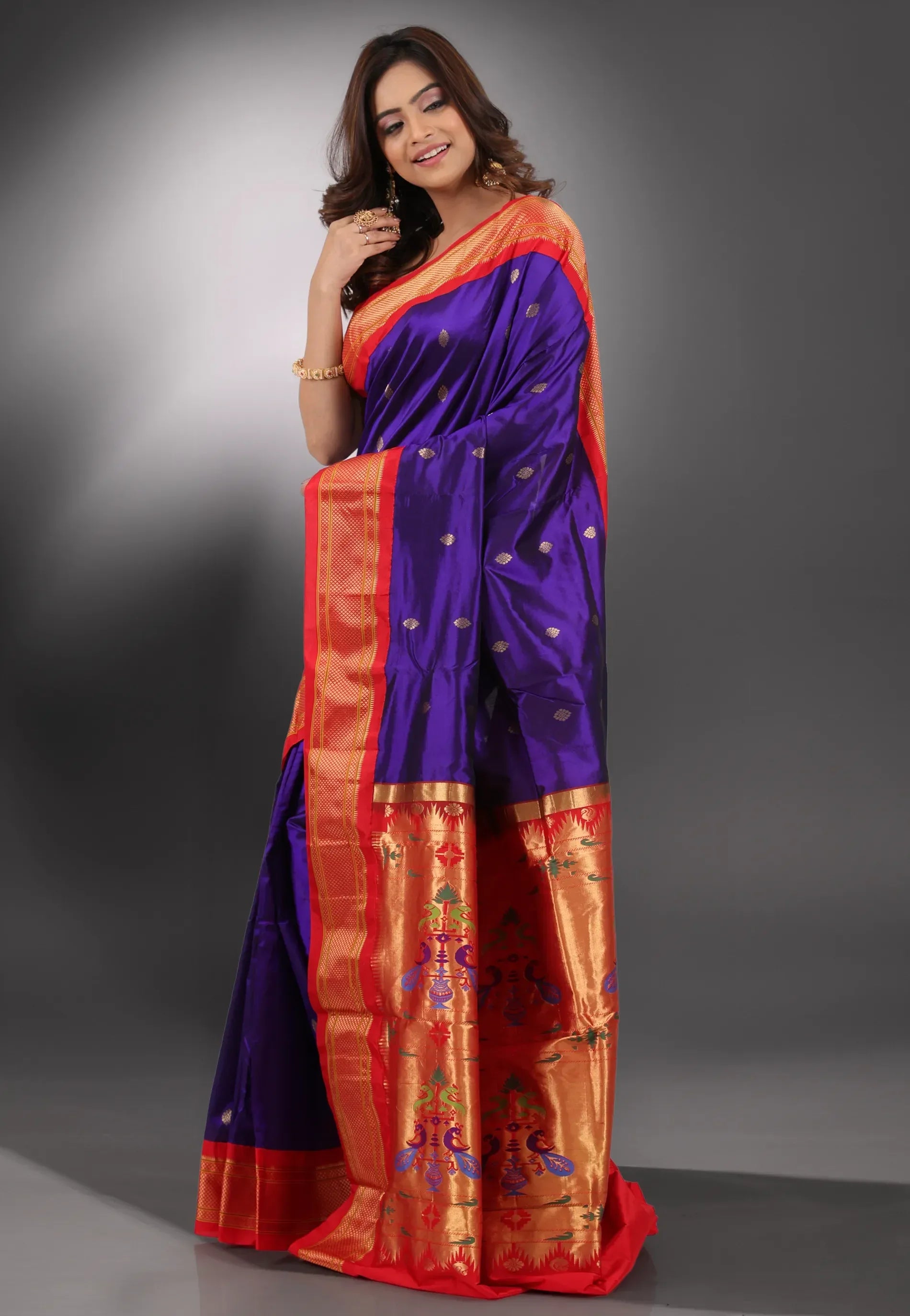 Blue with Red Border Paithani Pure Silk Saree With Blouse Piece - Adi Akshoy & Co.
