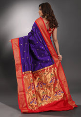 Blue with Red Border Paithani Pure Silk Saree With Blouse Piece - Adi Akshoy & Co.