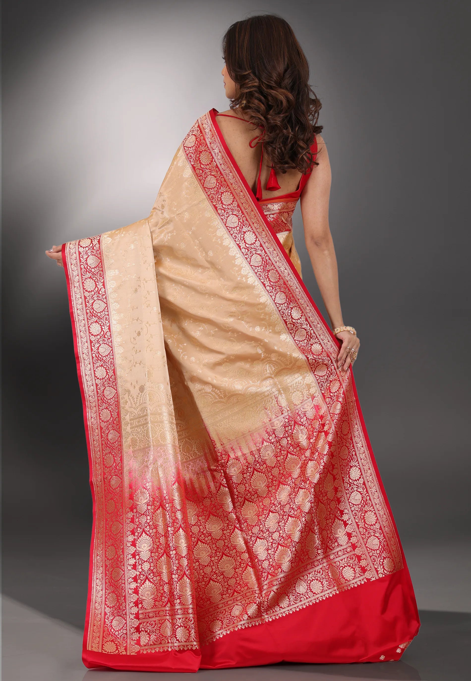 Beige with Red Border Pastel Benarasi Saree With Blouse Piece - Adi Akshoy & Co.