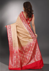 Beige with Red Border Pastel Benarasi Saree With Blouse Piece - Adi Akshoy & Co.