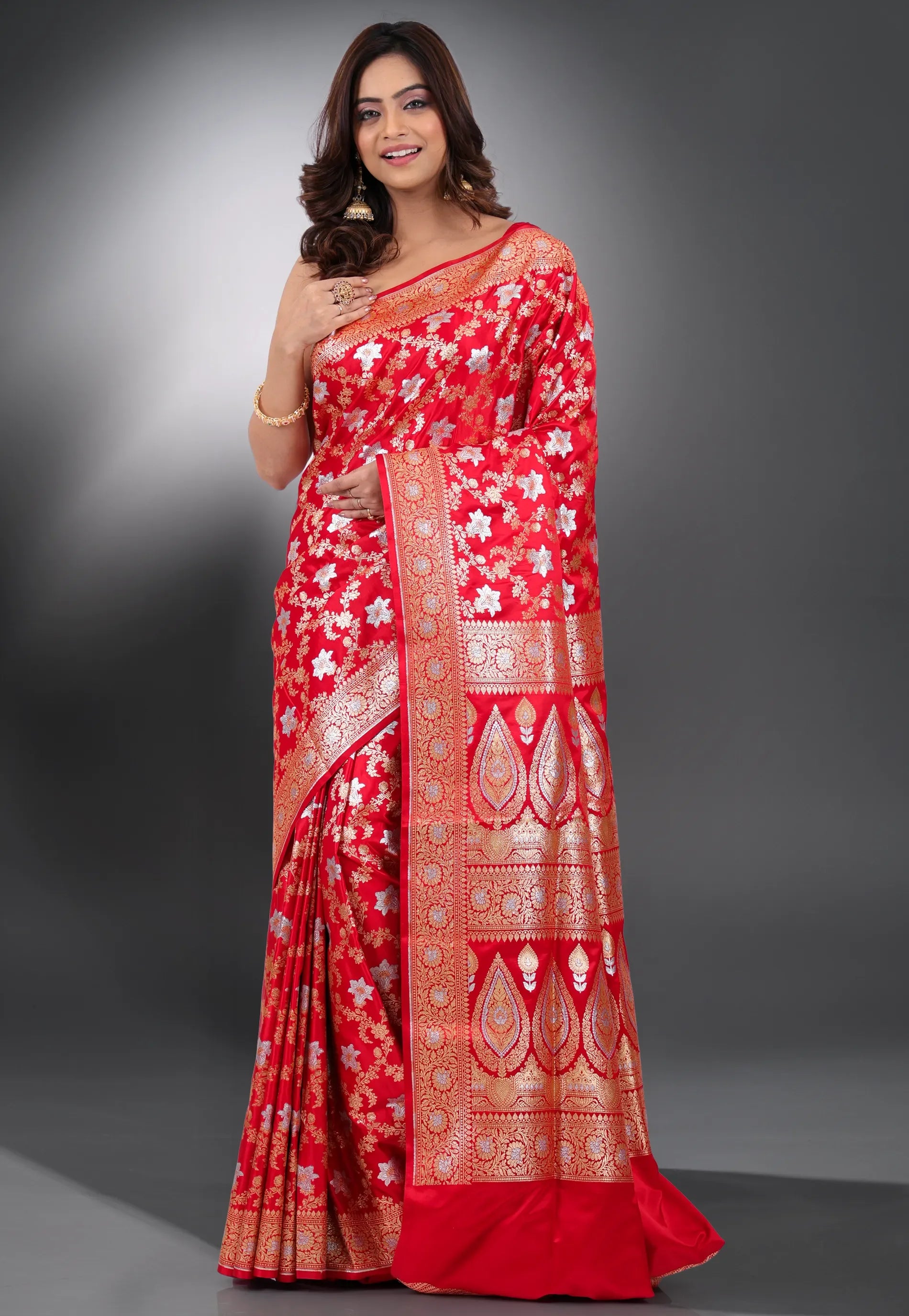 Red Wedding Banarasi Silk Saree with Blouse Piece - Adi Akshoy & Co.
