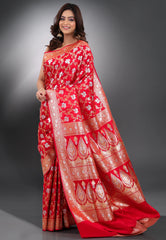 Red Wedding Banarasi Saree with Blouse Piece - Adi Akshoy & Co.