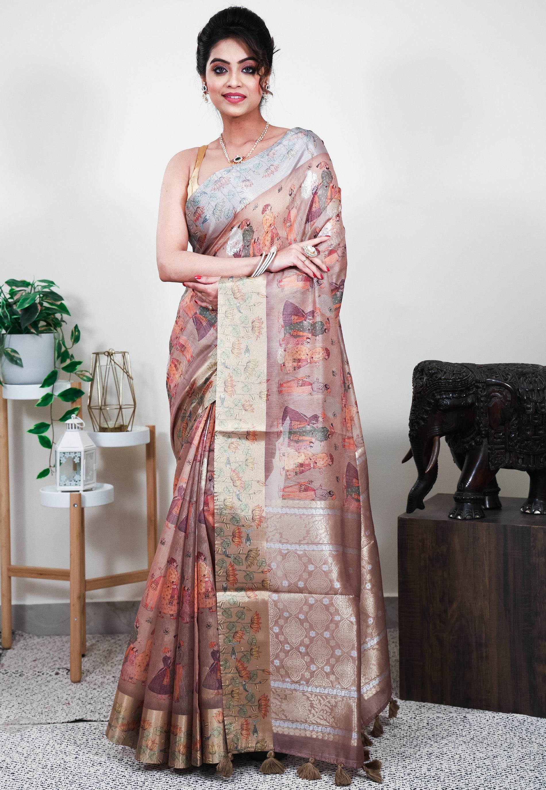 Brown Tussar Silk Saree with Blouse Piece - Adi Akshoy & Co.