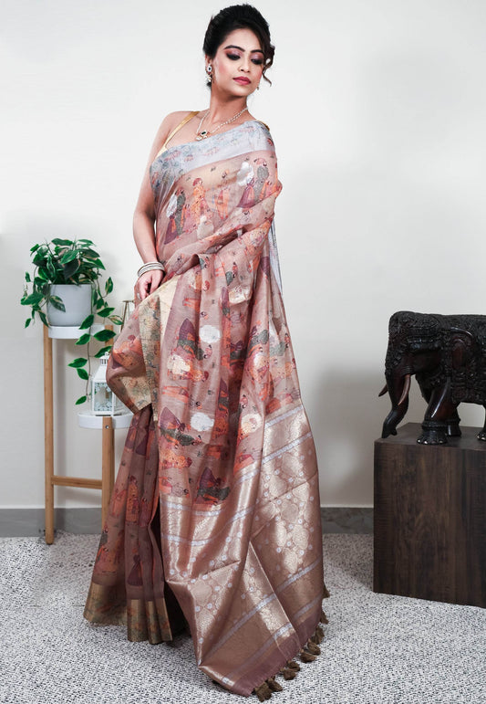 Brown Tussar Silk Saree with Blouse Piece - Adi Akshoy & Co.