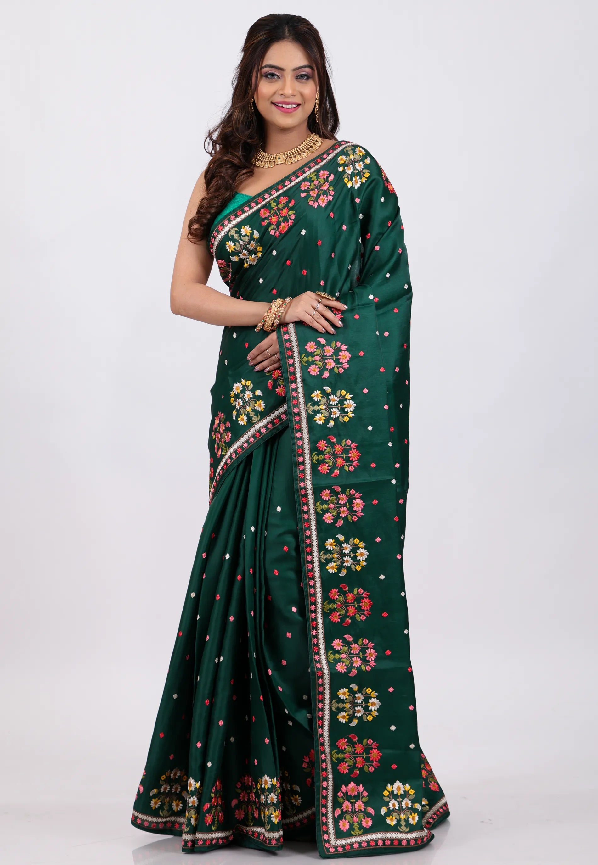 Bottle Green Kantha Silk Saree With Blouse Piece - Adi Akshoy & Co.