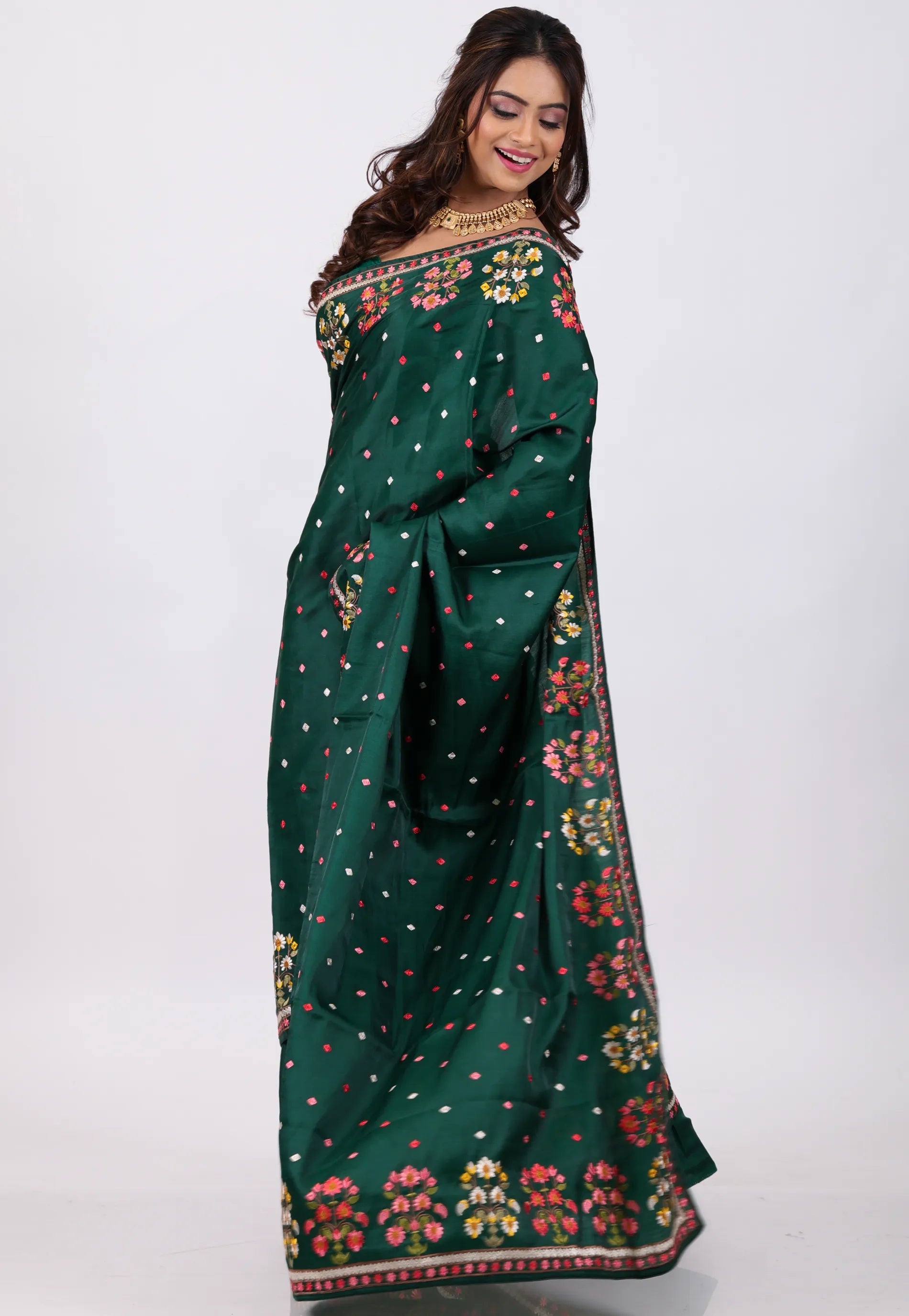 Bottle Green Kantha Silk Saree With Blouse Piece - Adi Akshoy & Co.