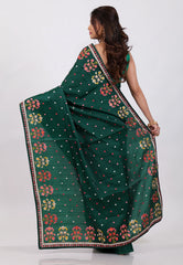 Bottle Green Kantha Silk Saree With Blouse Piece - Adi Akshoy & Co.