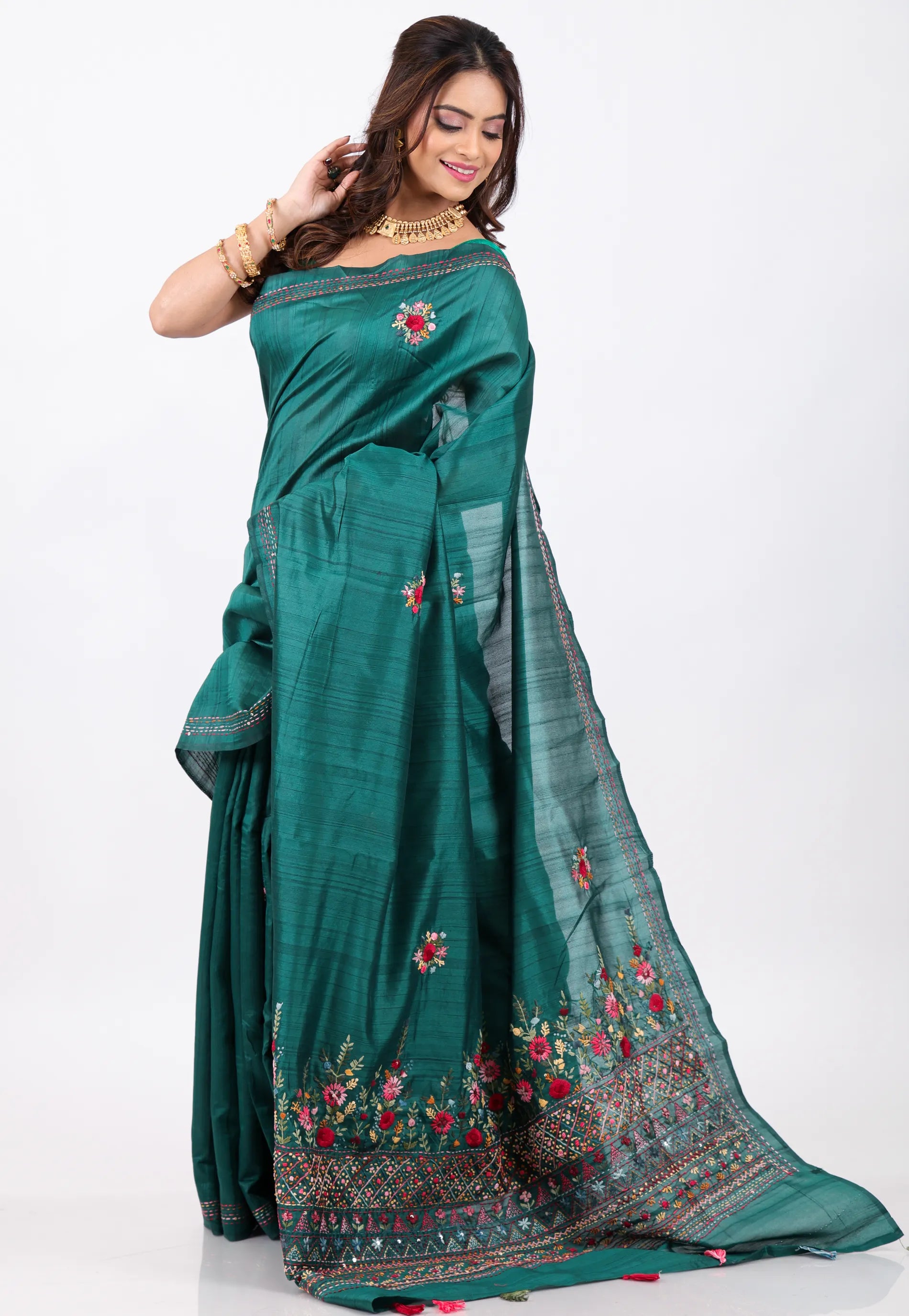 Ramma Green Kantha Silk Saree With Blouse Piece - Adi Akshoy & Co.