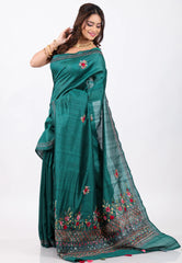 Ramma Green Kantha Silk Saree With Blouse Piece - Adi Akshoy & Co.