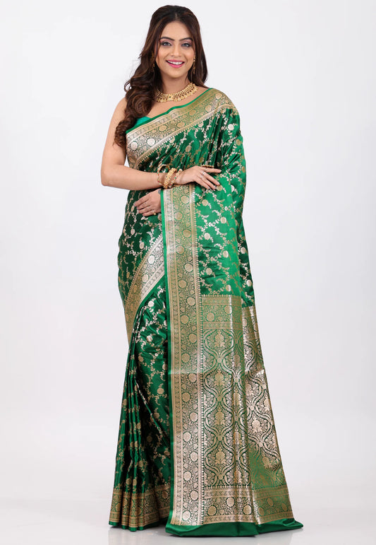 Bottle Green Wedding Banarasi Saree with Blouse Piece - Adi Akshoy & Co.