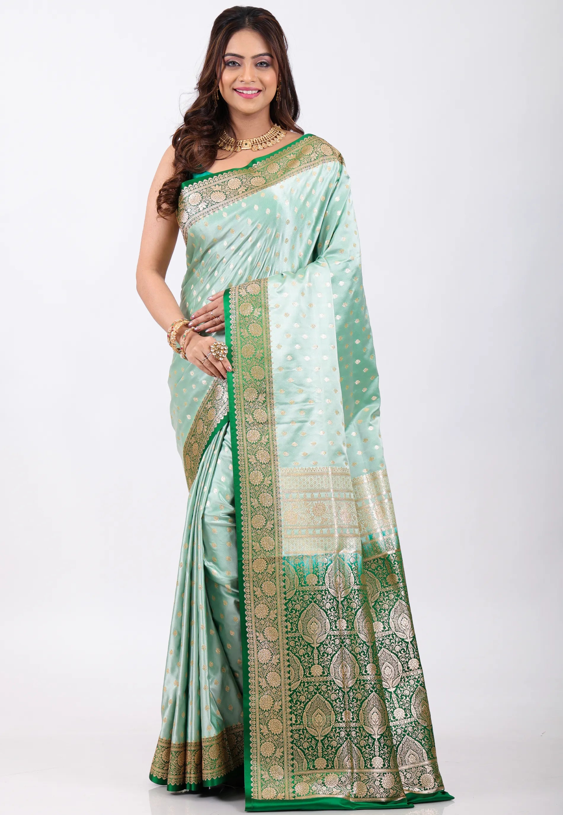 Sea Green Pastel Benarasi Saree With Blouse Piece - Adi Akshoy & Co.