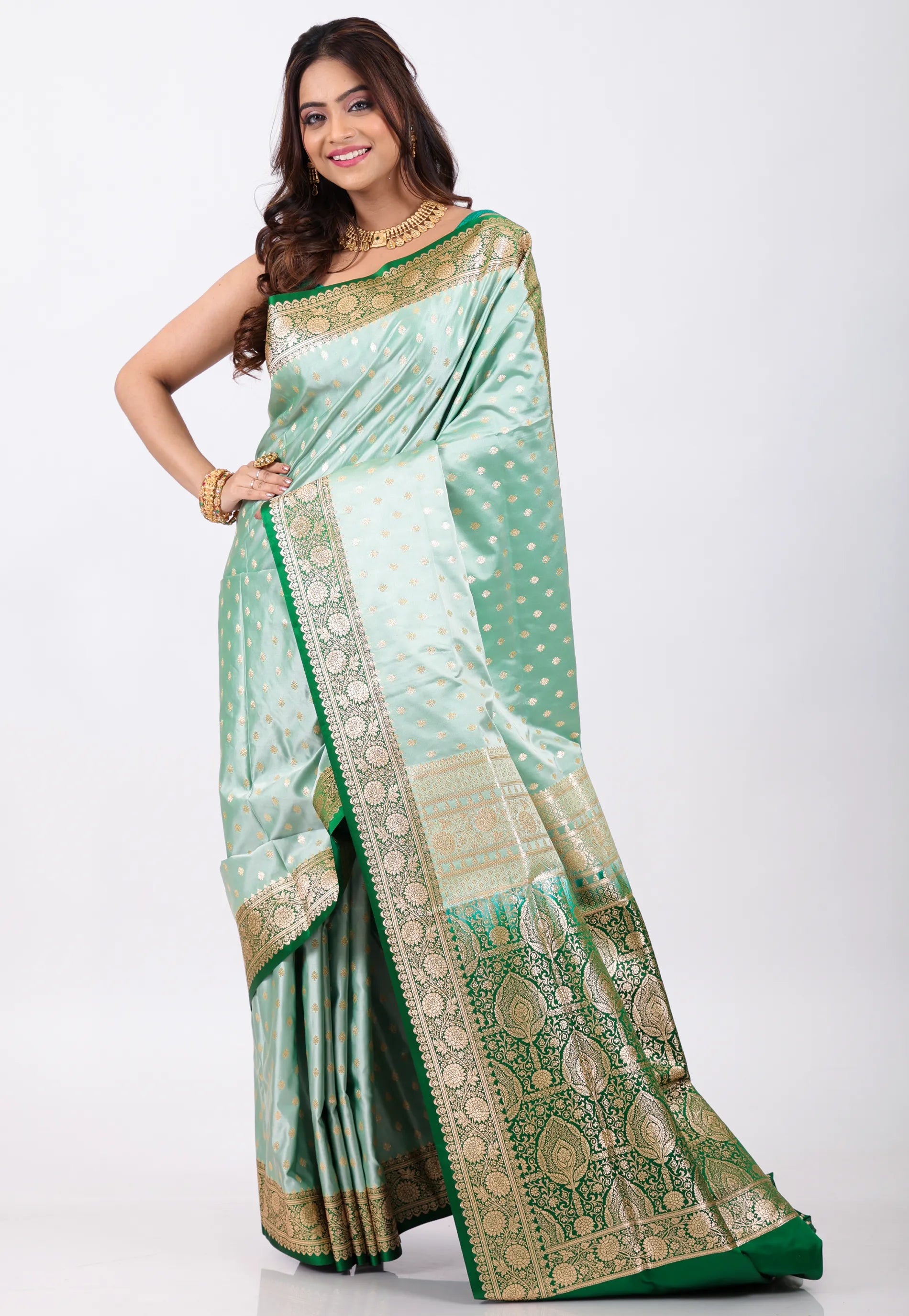 Sea Green Pastel Benarasi Saree With Blouse Piece - Adi Akshoy & Co.