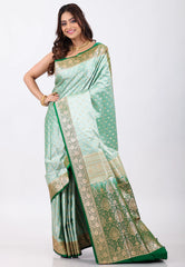 Sea Green Pastel Benarasi Saree With Blouse Piece - Adi Akshoy & Co.