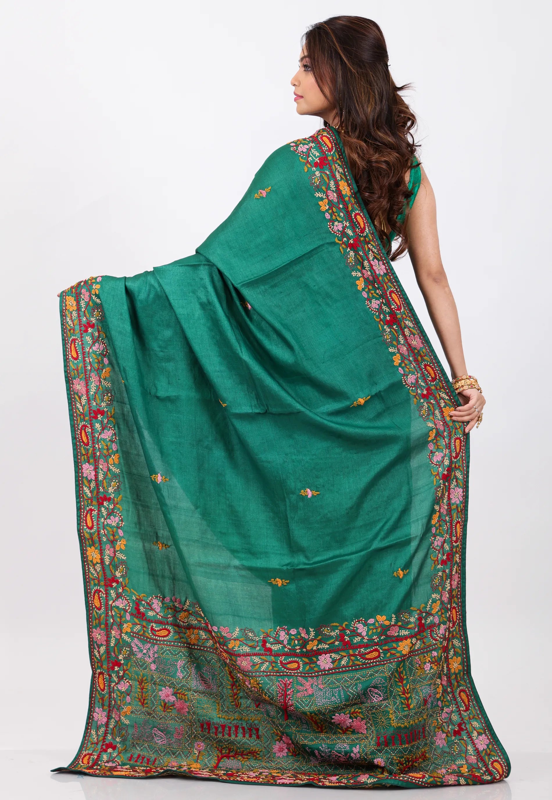 Bottle Green Pure Kantha Silk Saree With Blouse Piece - Adi Akshoy & Co.