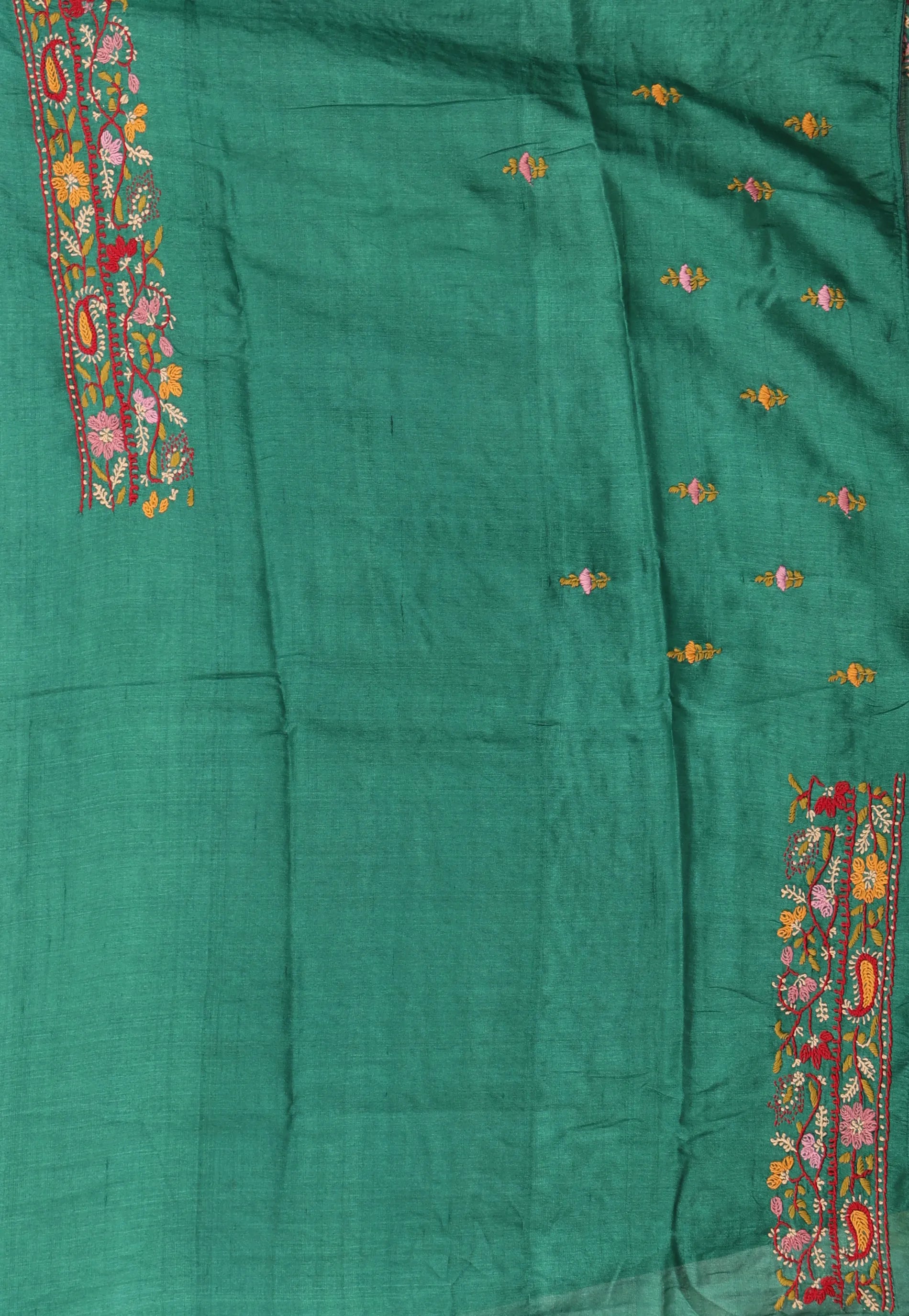 Bottle Green Pure Kantha Silk Saree With Blouse Piece - Adi Akshoy & Co.