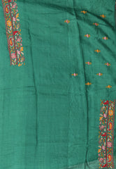 Bottle Green Pure Kantha Silk Saree With Blouse Piece - Adi Akshoy & Co.