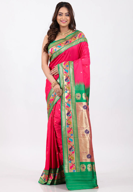 Rani with Green Border Paithani Silk Saree With Blouse Piece - Adi Akshoy & Co.